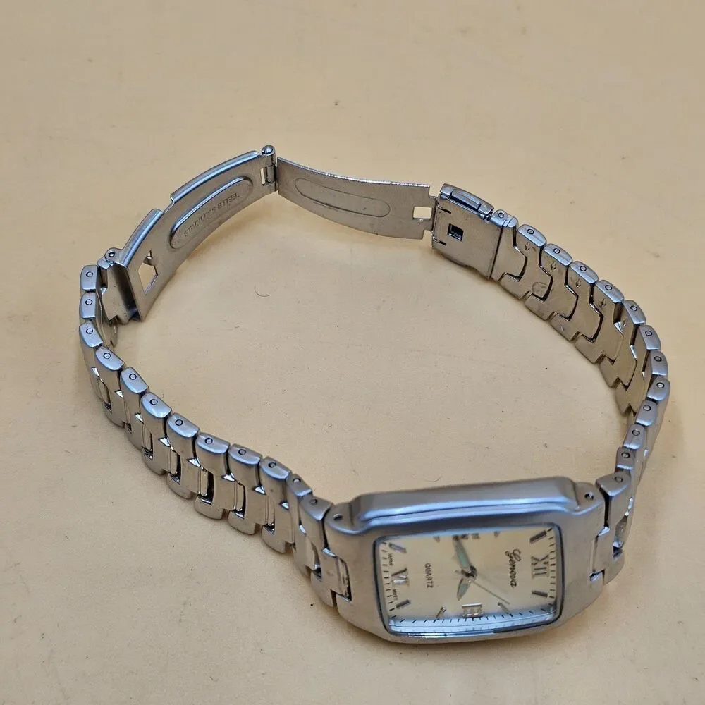Geneva Quartz Silver Tone Men's Stainless Steel Watch Japan Movt Luminous Hands